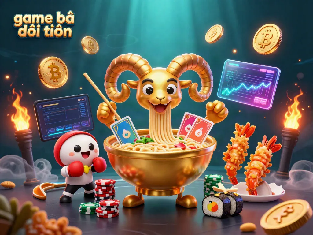 Engaging scene showing a giant ramen bowl dealer in a fun game bài đổi thưởng environment bursting with excitement and neon details.
