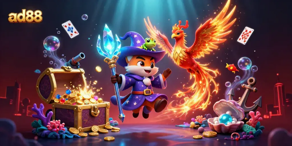 Experience thrilling adventures with ad88's mystical gaming universe featuring a wizard fox, phoenix, and treasures galore.