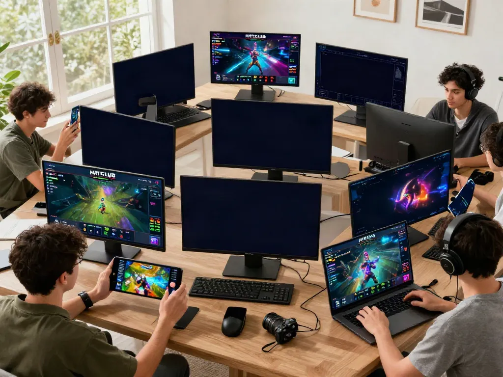 Engaging HITCLUB online gaming scene with players enjoying Mậu Binh and other games on multiple devices.