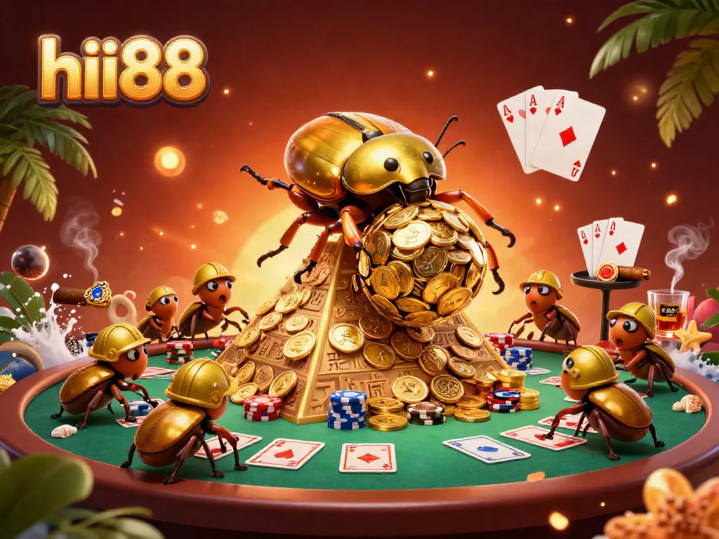 Hii88's massive golden dung beetle rolling a giant coin ball, surrounded by poker elements in vibrant casino illustration.