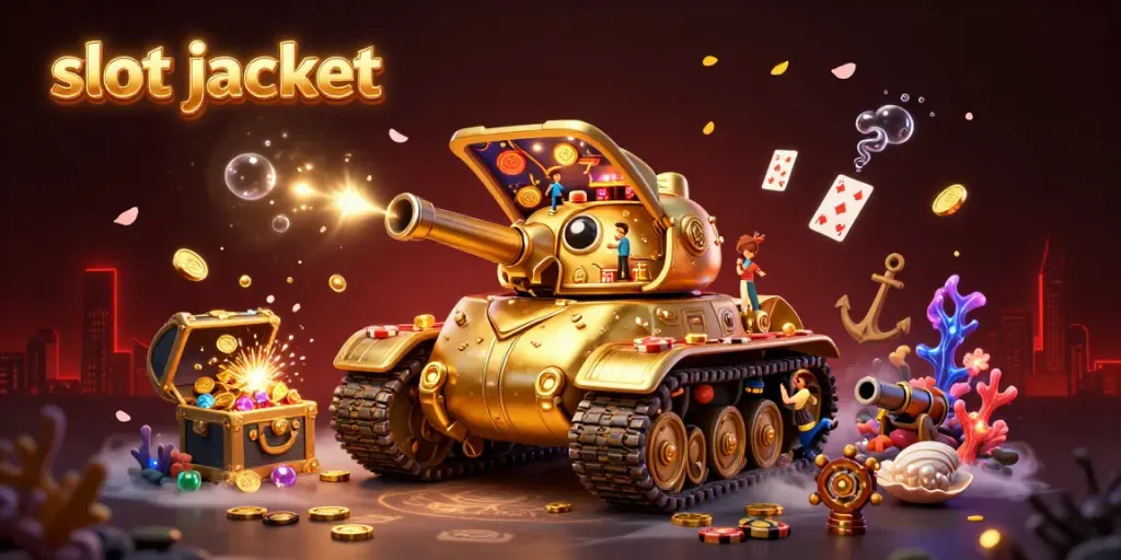 Engage in a vibrant slot jackpot scene showcasing a golden beetle tank revealing a mini casino, jewels, and floating cards.