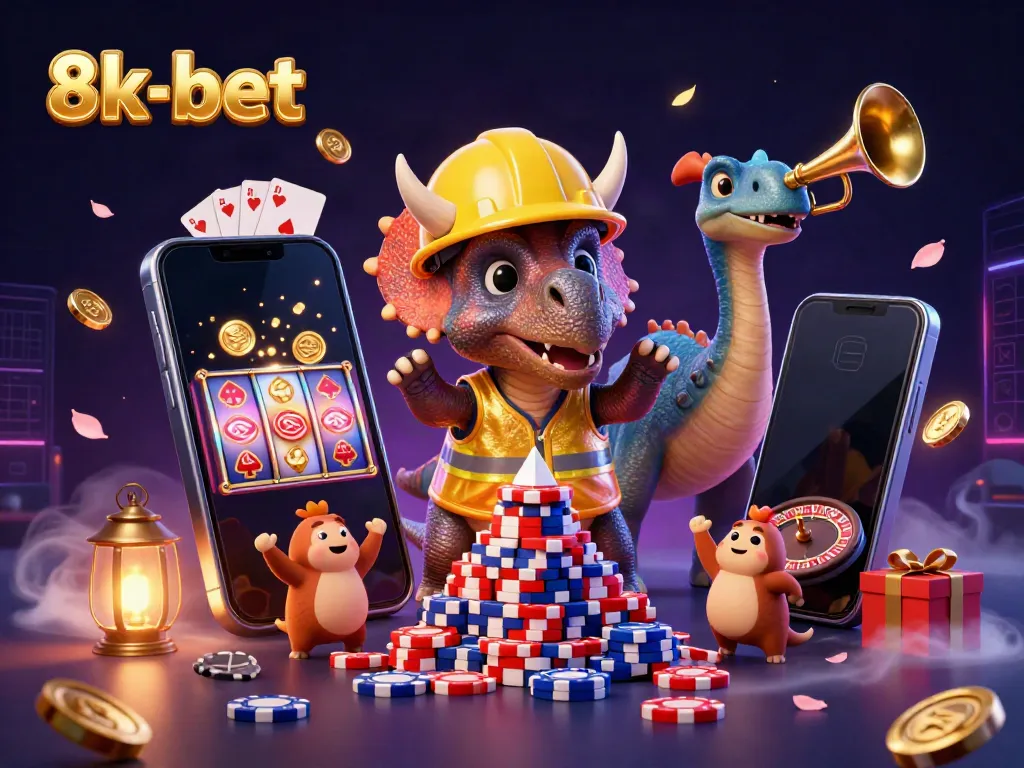 Experience excitement at 8k-bet with a fun 3D casino celebration featuring playful dinosaurs and vibrant gaming elements.