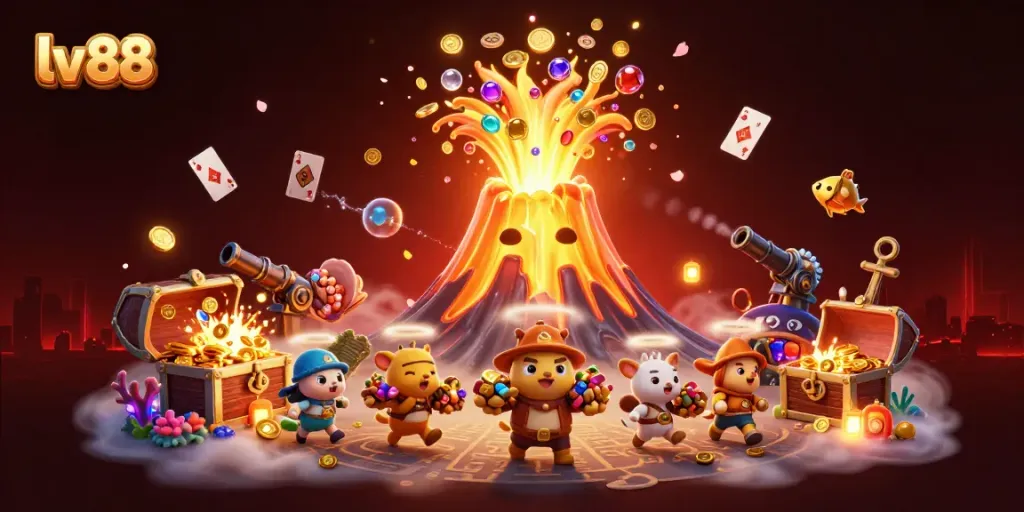 Experience thrilling winnings with lv 88's golden volcano erupting riches, vibrant game treasures.
