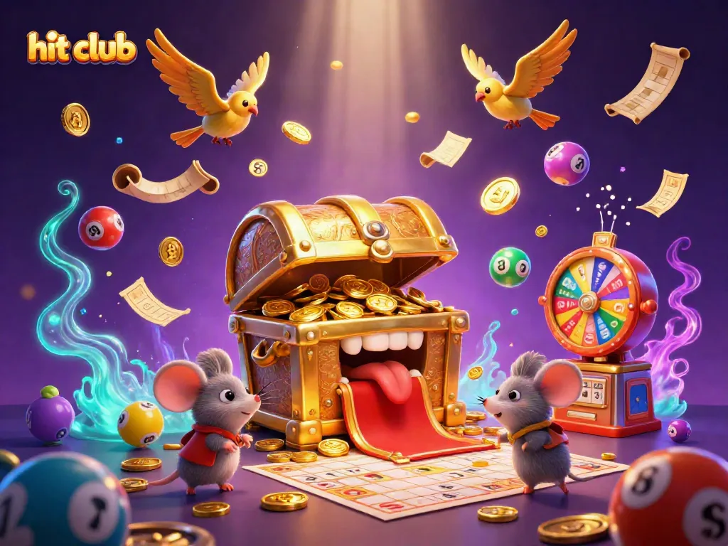 Experience thrilling adventures with hit club, featuring an exciting treasure chest and colorful lottery elements.