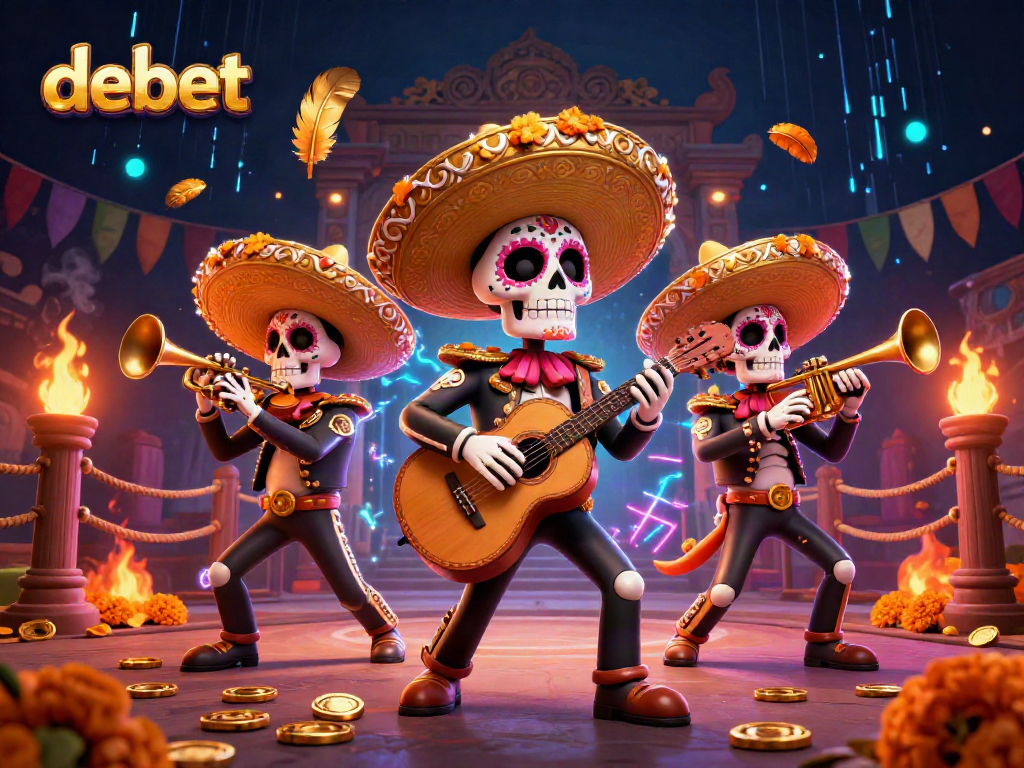 Bettors engage with debet's vibrant casino scene featuring a mariachi band and dynamic gaming elements.