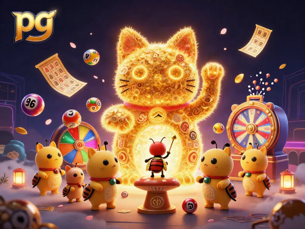 Engage in thrilling pg lottery games with a dynamic illustration of a lucky cat amidst colorful elements.