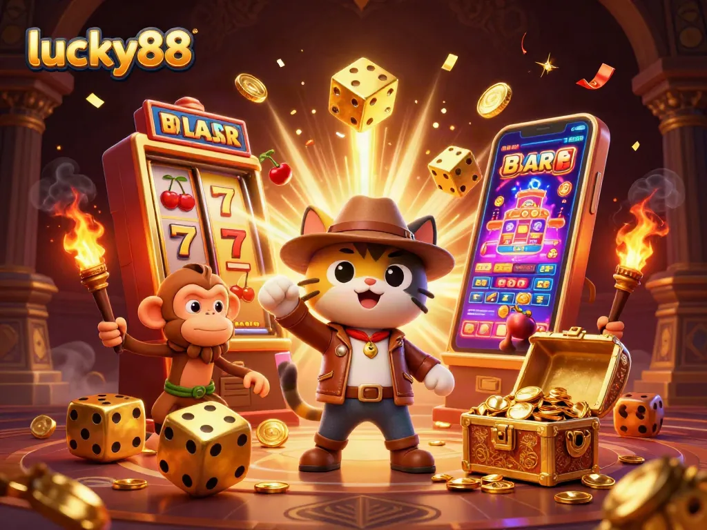 Experience exciting gameplay with lucky88, featuring vibrant 3D characters and casino elements.