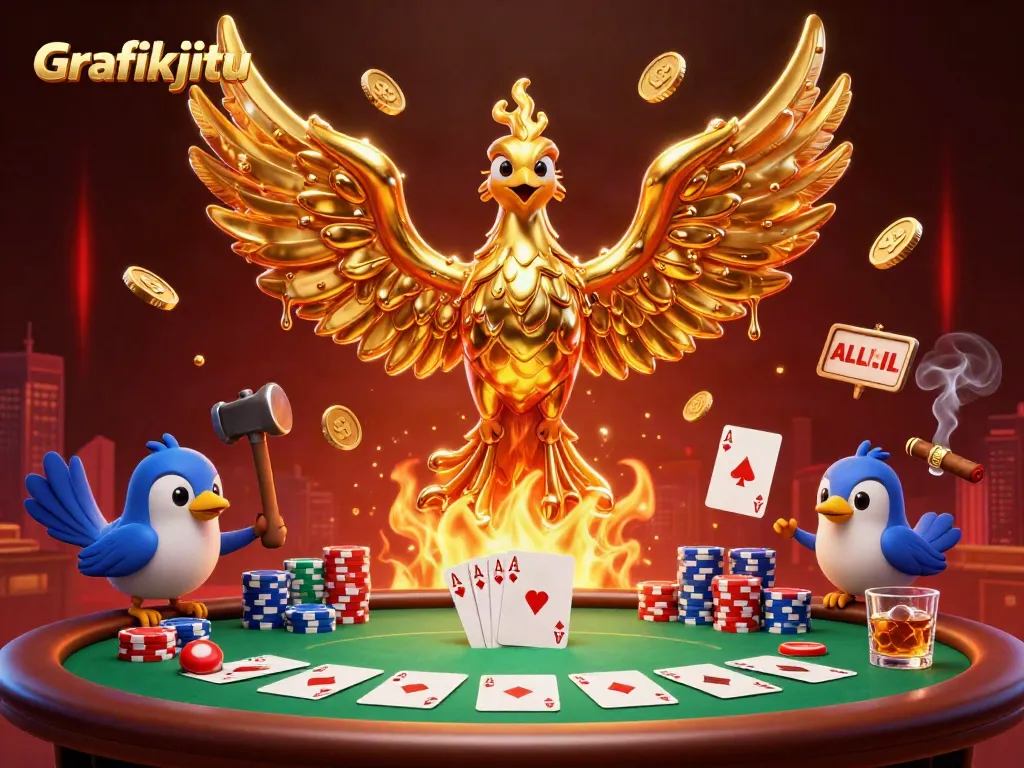 Experience winning at Grafikjitu with a vibrant poker scene featuring a molten golden phoenix and chip towers.