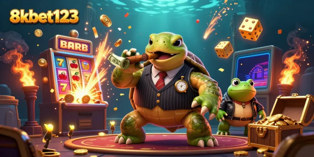Experience the vibrant casino world with 8xbet123, featuring a playful turtle and bullfrogs amidst dazzling jackpot celebrations.