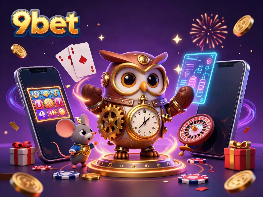 Experience thrilling gaming with the 9bet character duo amidst vibrant casino elements.