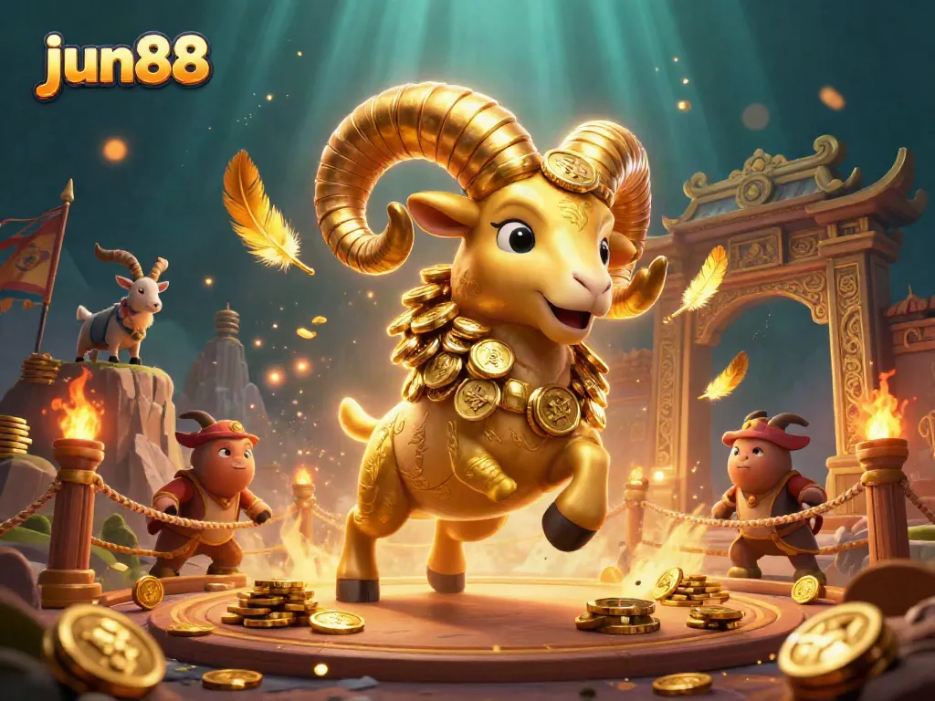 Experience the thrilling atmosphere of jun88 with a golden ram charging through a gaming arena.