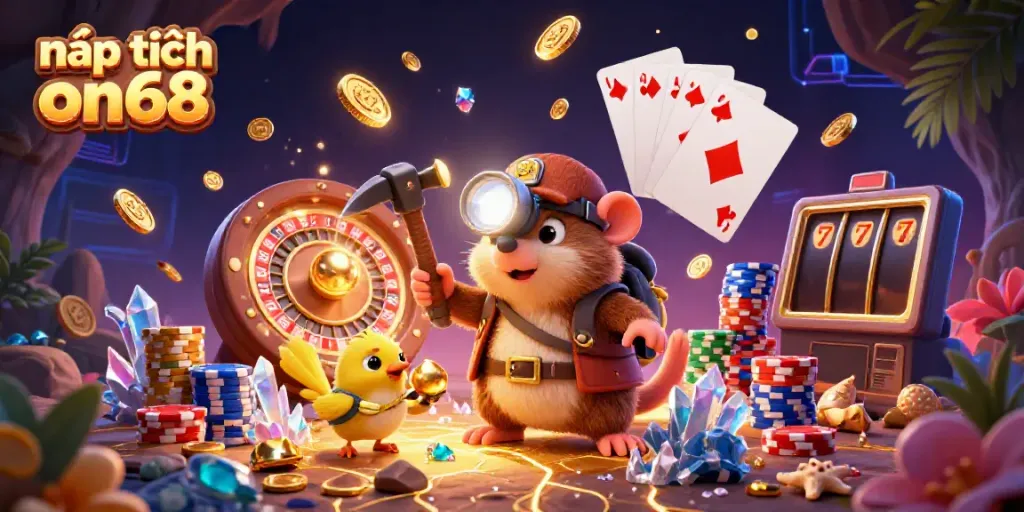 Engage in exciting gaming experiences with nạp tiền on68, featuring a treasure-hunting mole and casino elements.