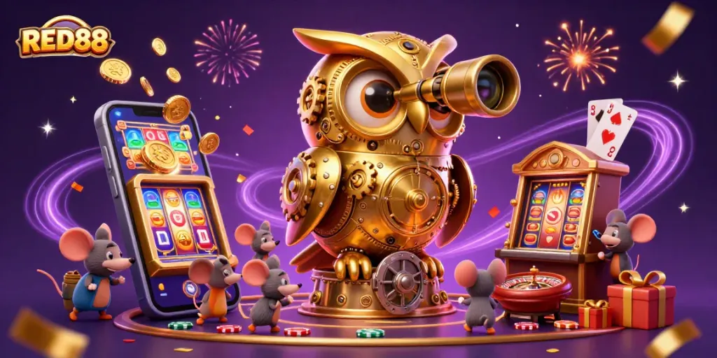 Engage with the exciting world of gambling at RED88 where vibrant slot games and golden coins burst into action.