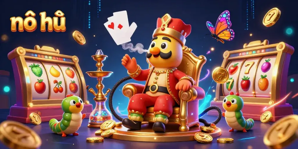 Nổ hũ jackpot illustration showcasing a vibrant scene with a caterpillar master and dynamic slot reels.