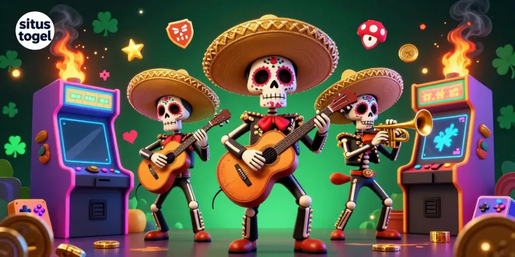 Menyajikan situs togel dengan gambar ilustrasi 3D penuh warna dari band mariachi tengkorak Dia de los Muertos.