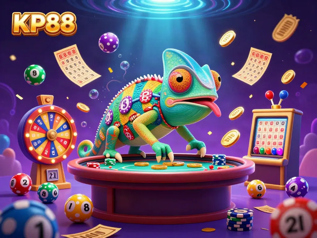 Experience exciting wins at KP88 with our vibrant 3D casino illustration showcasing gaming action and colorful elements.