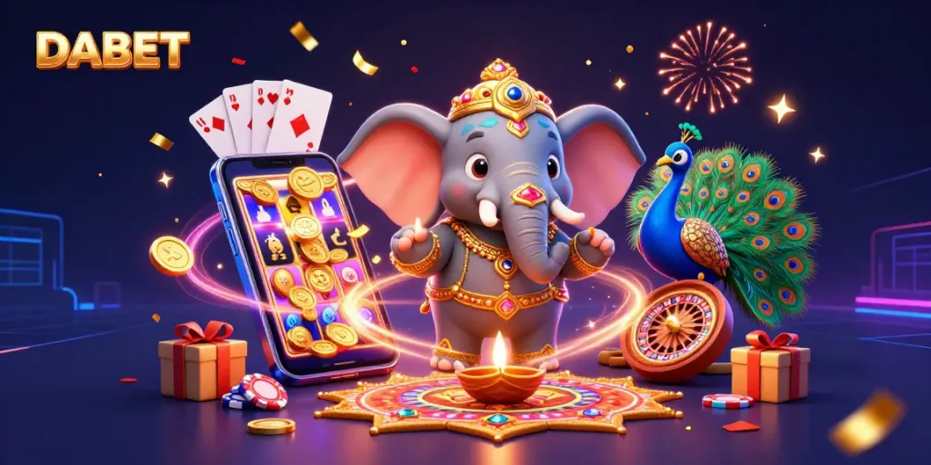 DABET showcases a vibrant 3D cartoon scene illustrating an elephant, peacock, and exciting gaming elements, ideal for casino enthusiasts.