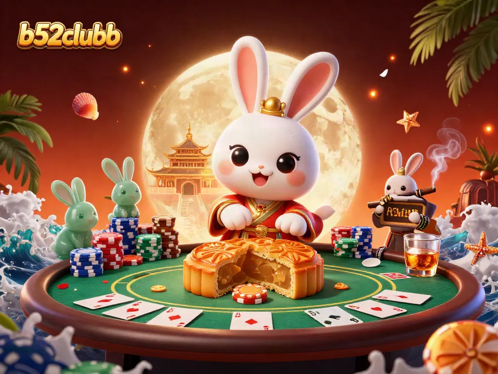 Join the action at b52clubb with an engaging scene of moon rabbits and poker excitement.