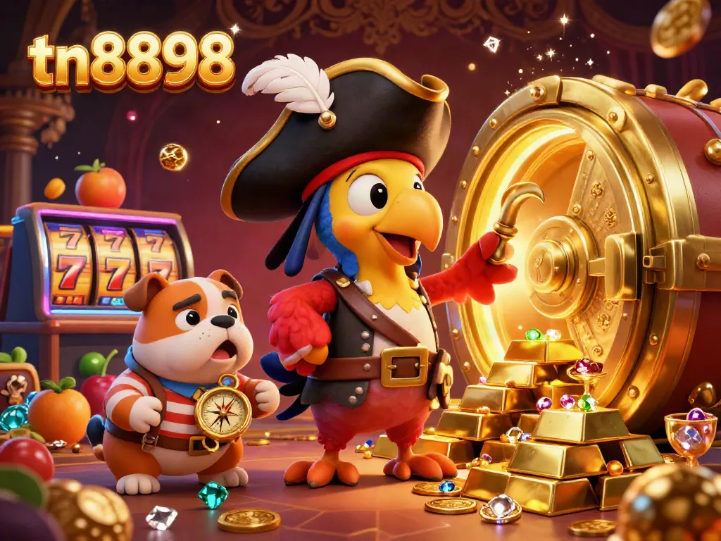 Experience thrilling action with tn8898's vibrant casino scene featuring a pirate captain and bulldog amidst spinning slots.