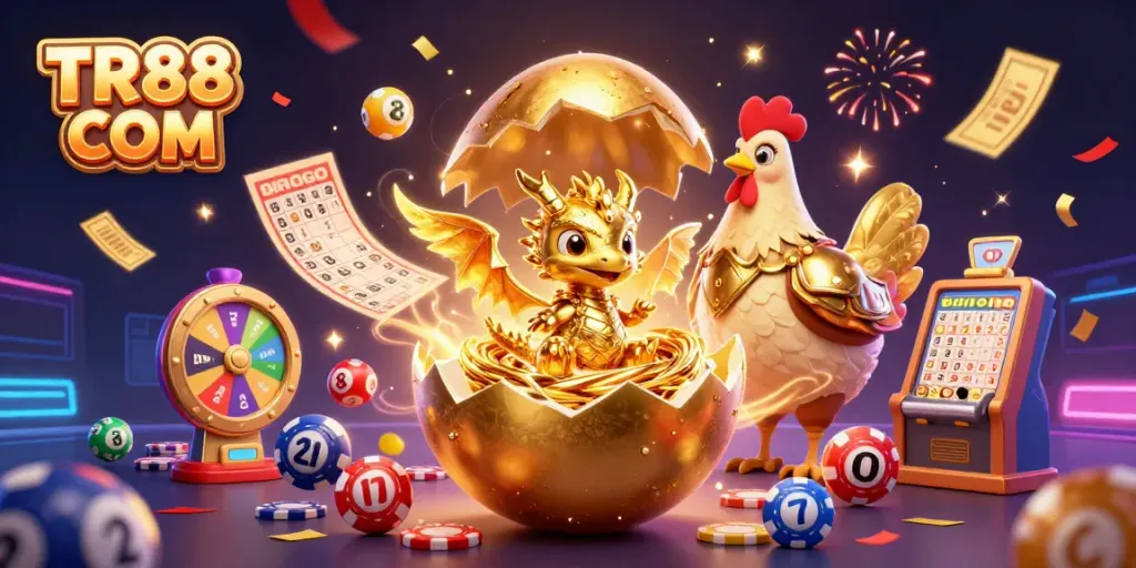 Engage with TR88 COM, where a golden dragon nestles among poker chips, amidst festive lottery elements.