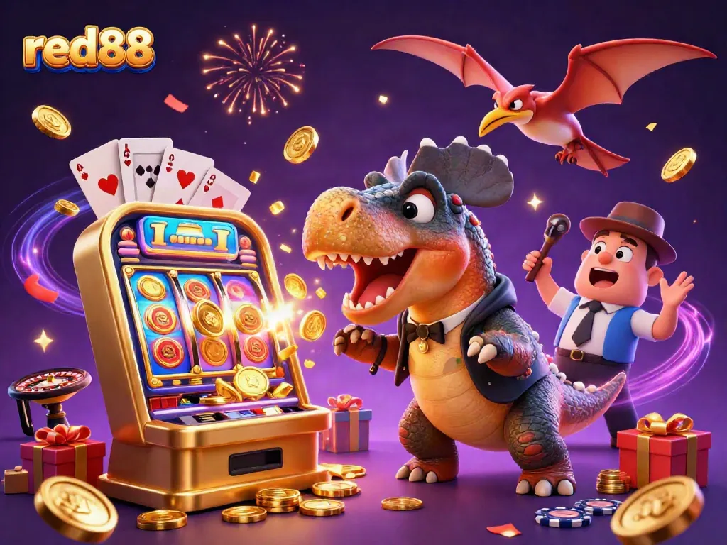 Experience excitement at red88 casino, where a dynamic scene features a pachycephalosaurus winning jackpot coins!