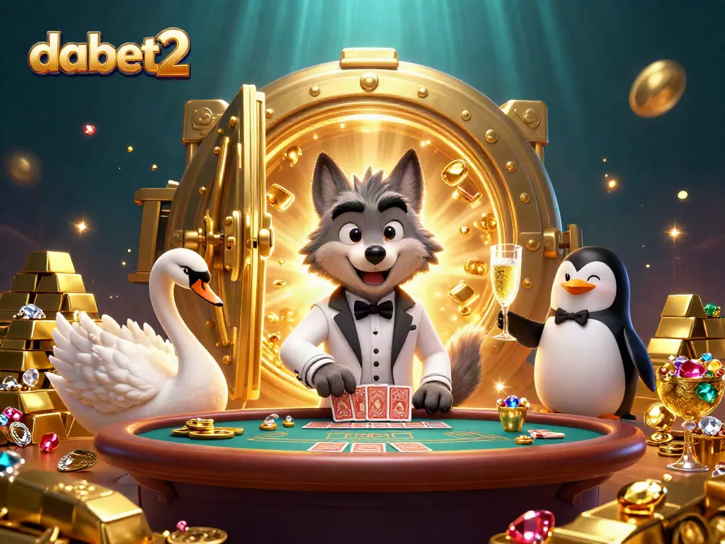 DABET2's vibrant 3D cartoon scene showcases winning moments at a baccarat table with engaging characters.