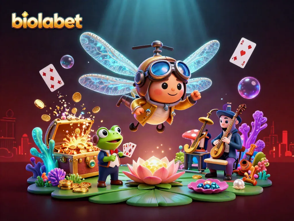 Engage with biolabet's vibrant casino scene featuring a dragonfly pilot and frog croupier.