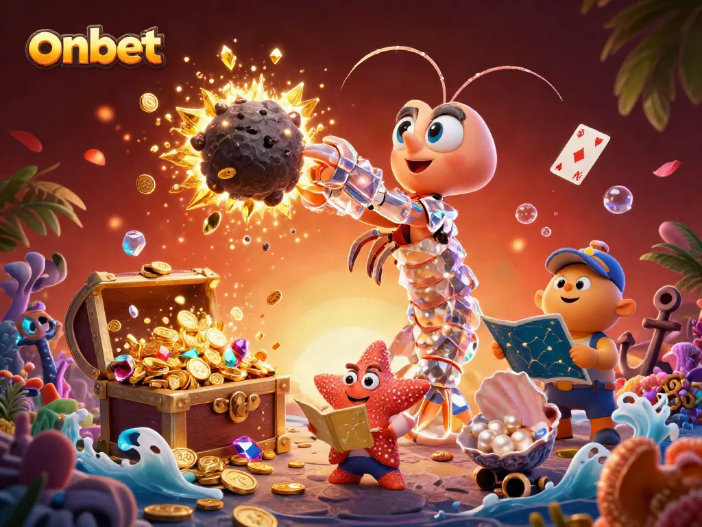 Engaging onbet illustration with mantis shrimp in armor and treasure amidst a vibrant underwater casino scene.