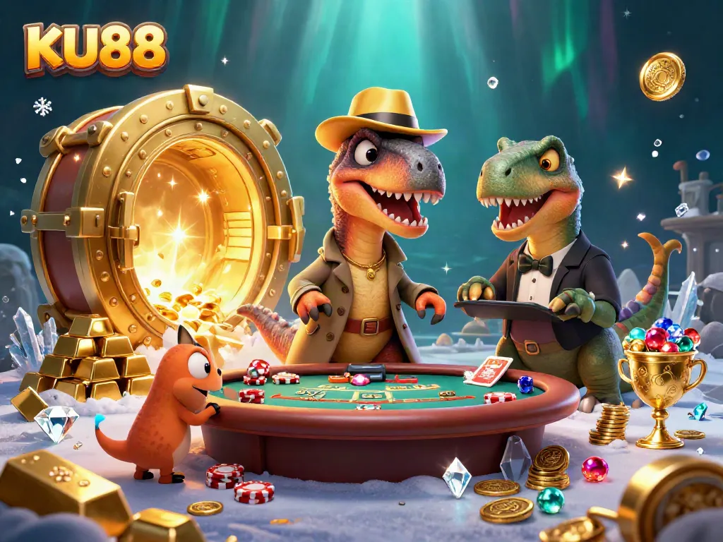 Engage with KU88's thrilling casino atmosphere, showcasing a dinosaur-themed blackjack scene