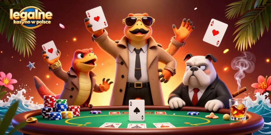 Engage with legalne kasyno w polsce as three raptors in disguise enter a VIP casino scene, emphasizing gaming excitement.