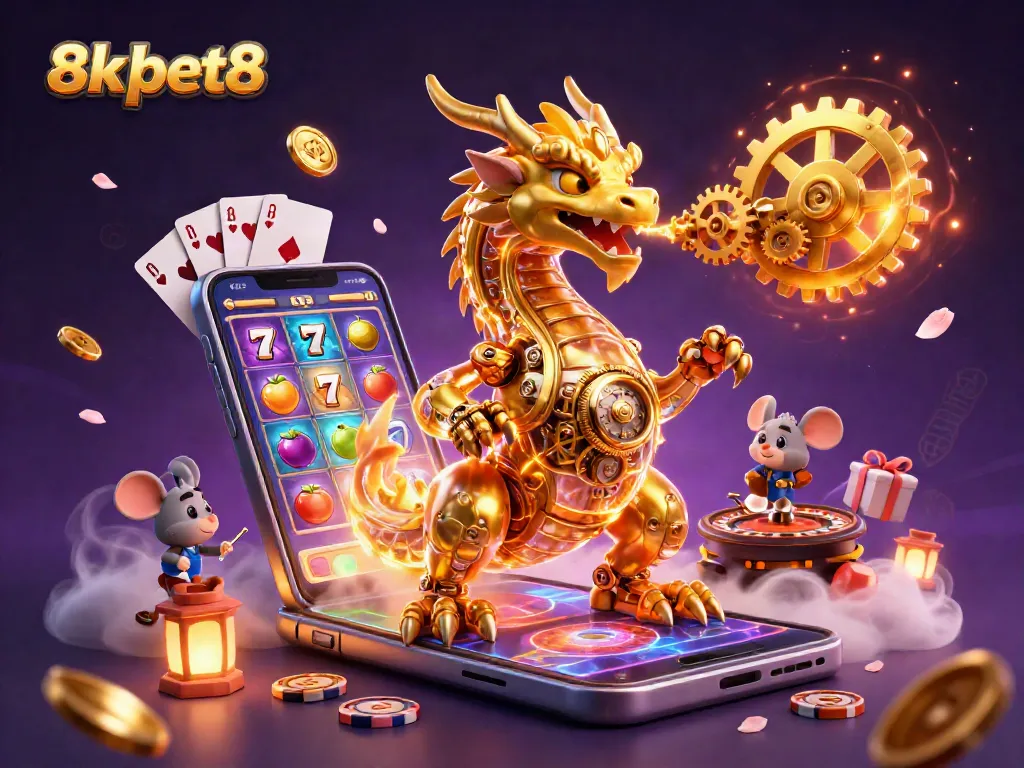 Engage with 8xbet8's vibrant gaming scene featuring a golden dragon and mobile slots.