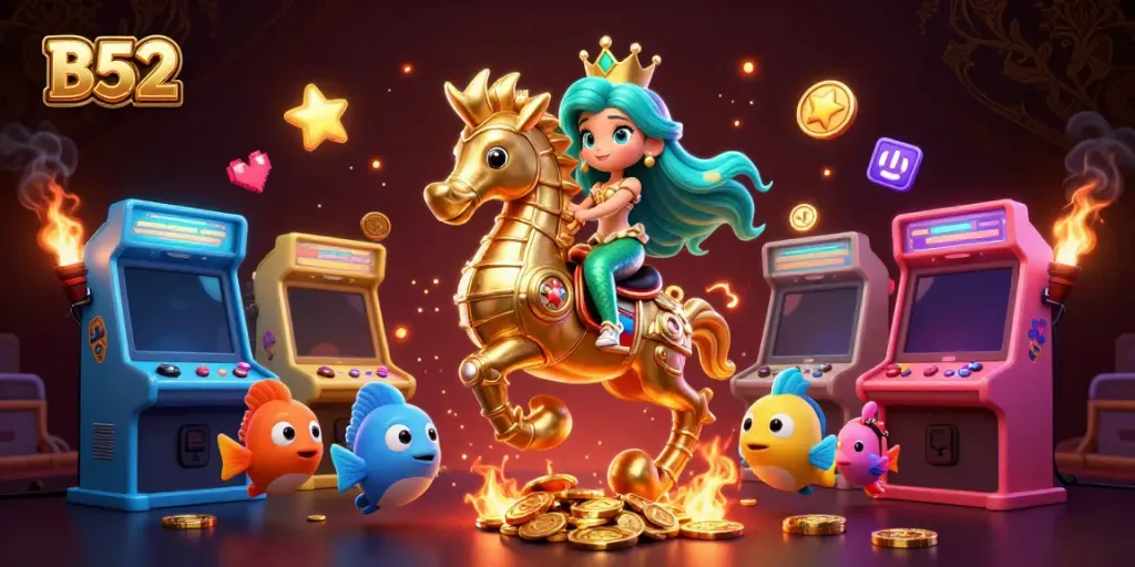 B52 online casino features a vibrant scene with a mermaid princess and giant seahorse in a rich 3D environment.