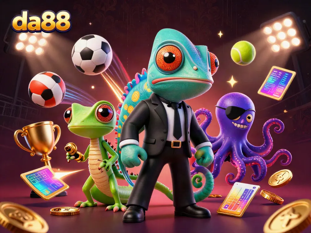 Join the vibrant world of da88's casino experience with a thrilling illustration of an adventurous chameleon, a tech-savvy gecko, and a devious octopus.