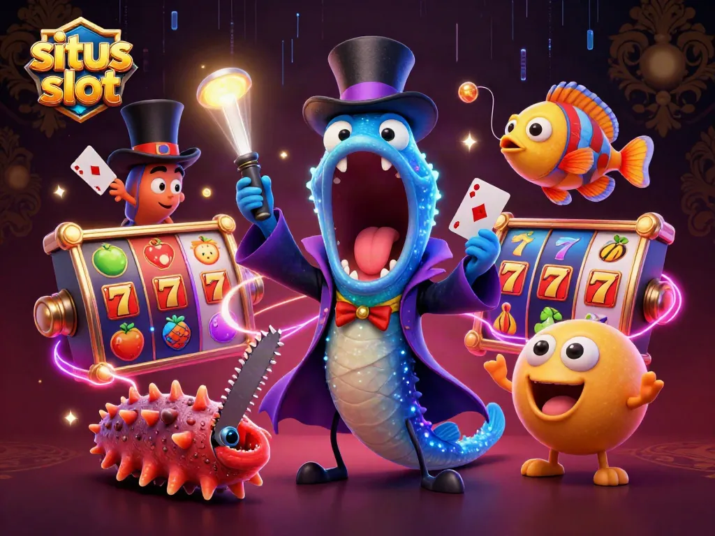 Situs slot showcases a deep-sea gulper eel performing tricks, surrounded by vibrant casino elements for players.