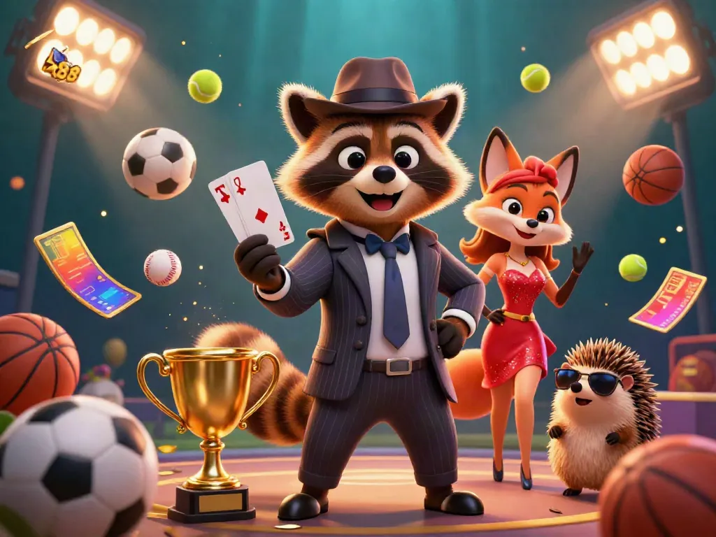 Experience thrilling wins with tx88 as suave raccoon, fox, and hedgehog celebrate vibrant casino gaming.