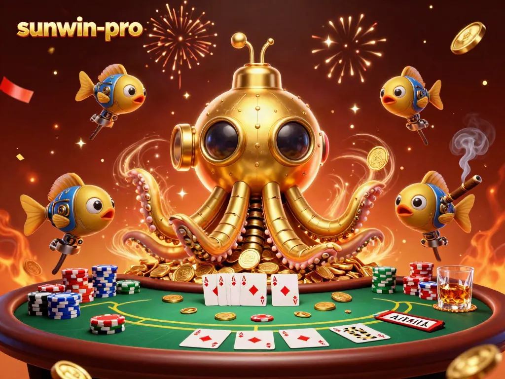 Engage with thrilling gameplay at sunwin-pro with a dynamic poker scene featuring unique characters amidst gold.