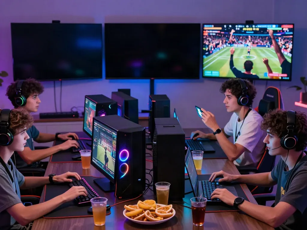 Friends enjoying an exciting online gaming experience on trang chủ da88 with vibrant lighting and multiple devices.