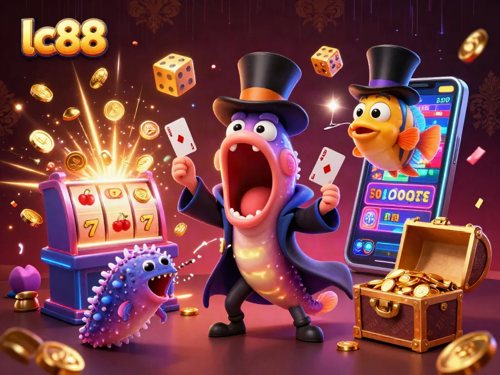 Experience thrilling wins with lc88 in this vibrant casino illustration featuring exciting gaming elements.