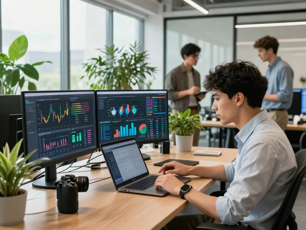 Engaging workspace showcasing ISTANA404's digital information resources for business insights.