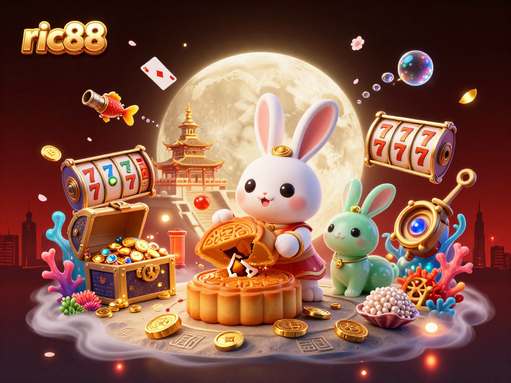 ric88 showcases vibrant slot-themed illustration with a moon rabbit and treasure chests.
