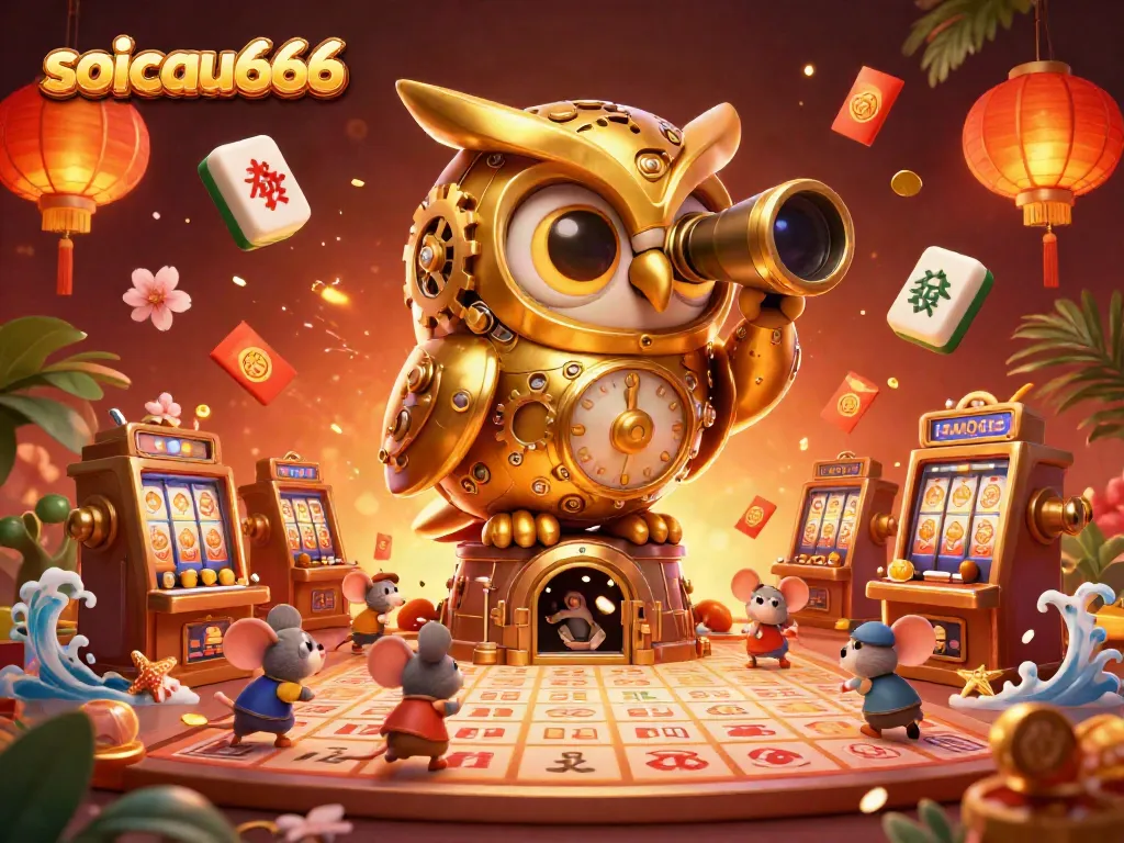 Engage in thrilling lottery analysis with soicau666, led by a clockwork owl in a vibrant casino atmosphere.
