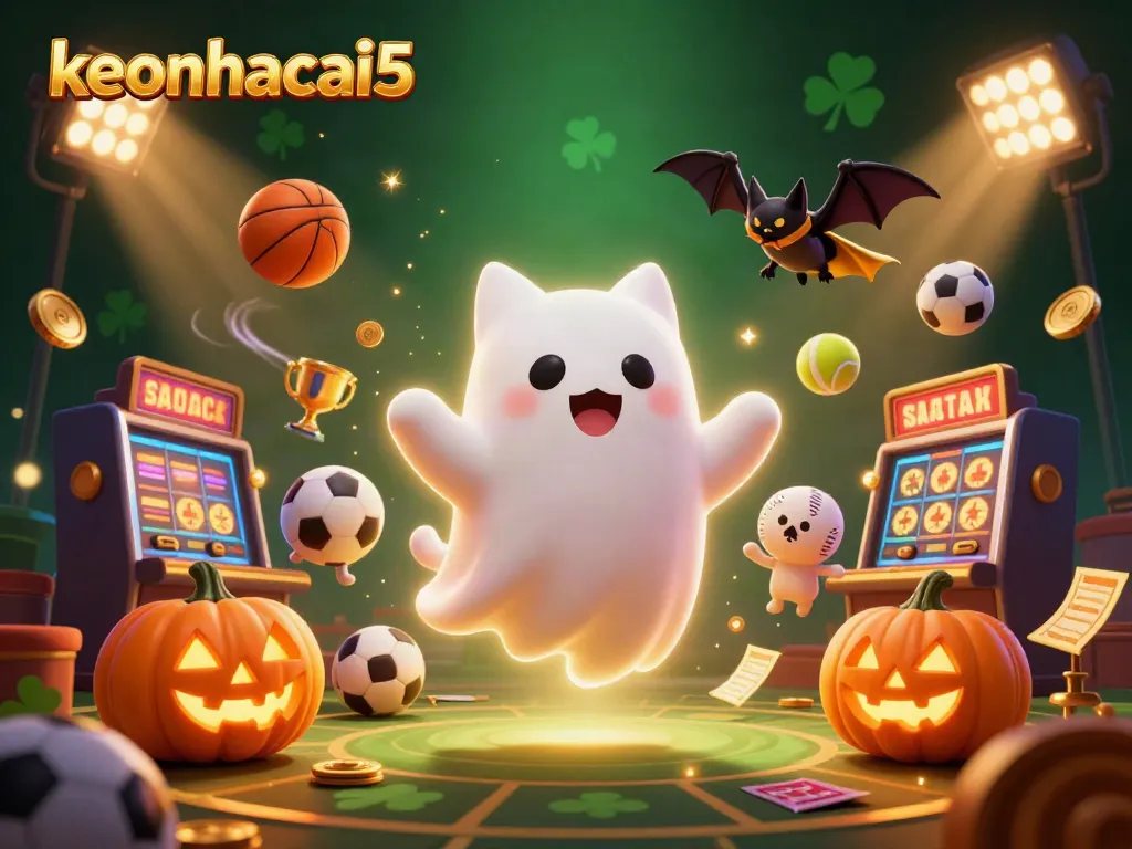Engage with keonhacai5 as a ghost cat and bat explore a haunted casino mansion filled with sports betting action.