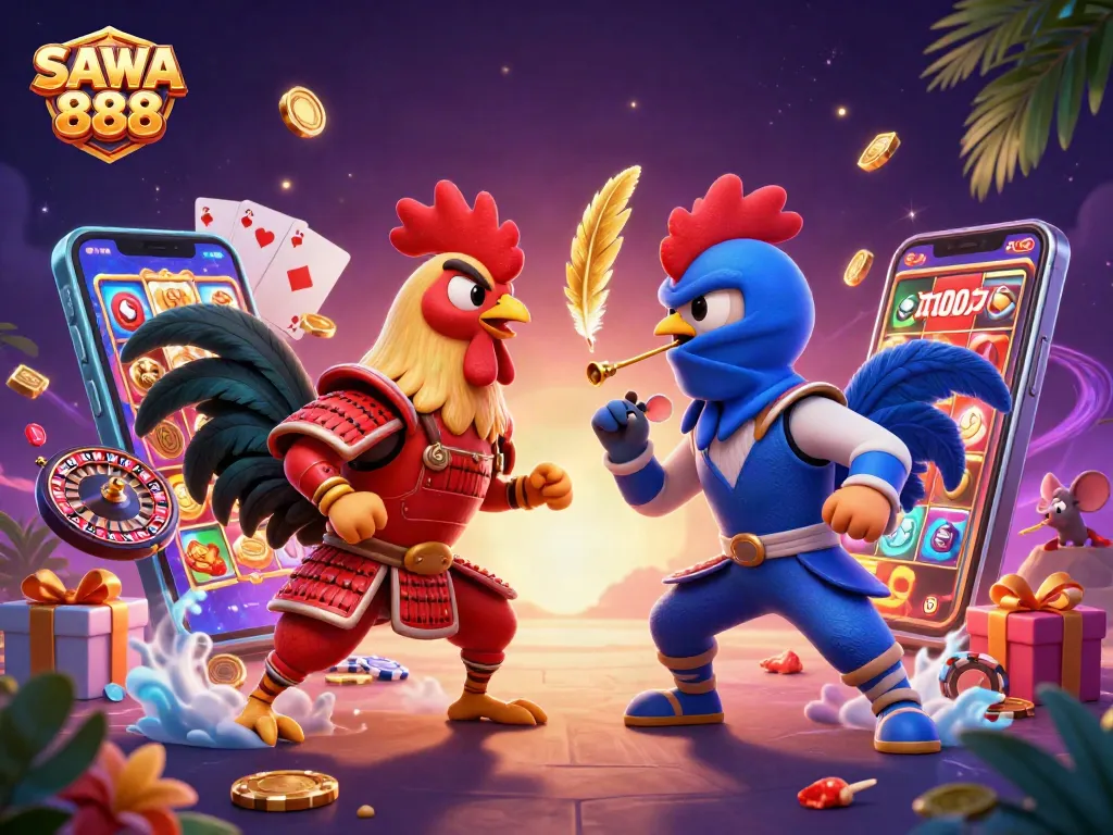 Engage in thrilling gameplay at SAWA 888 featuring epic rooster battles amid vibrant casino elements.