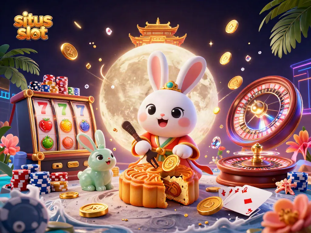 Experience thrilling gameplay at situs slot with vibrant slots, stacked poker chips, and animated characters.