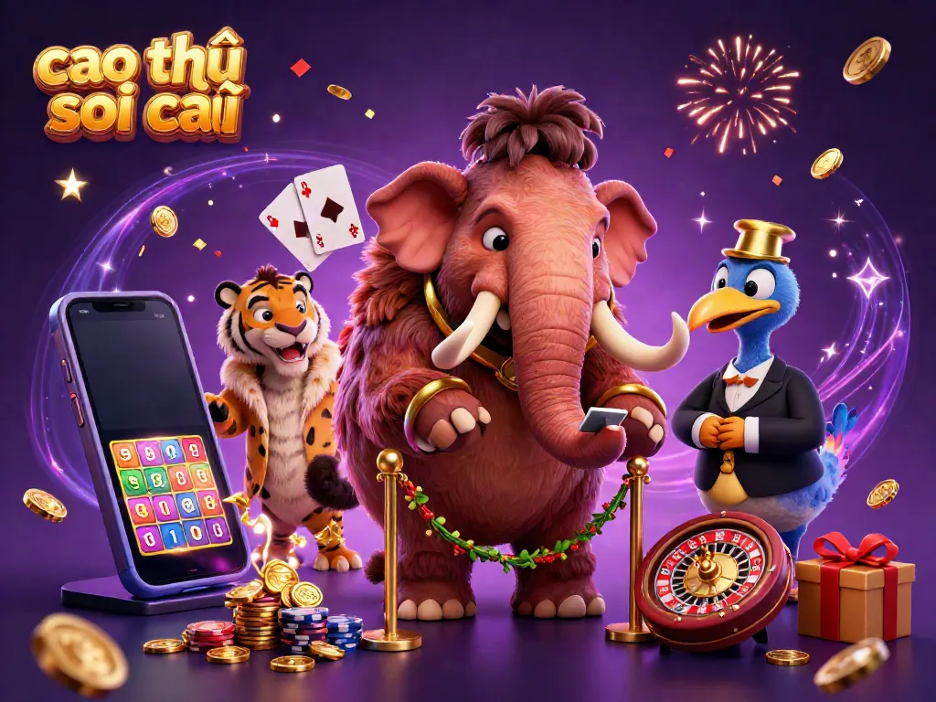 Cao thủ soi cầu showcases a lively 3D cartoon scene with a woolly mammoth checking IDs and a VIP saber-tooth tiger.