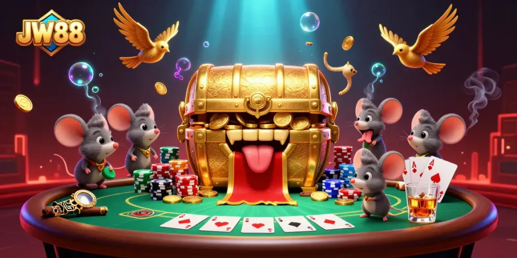 Join JW88 at a vibrant casino scene featuring adventurer mice drawn to a treasure chest amidst poker action.