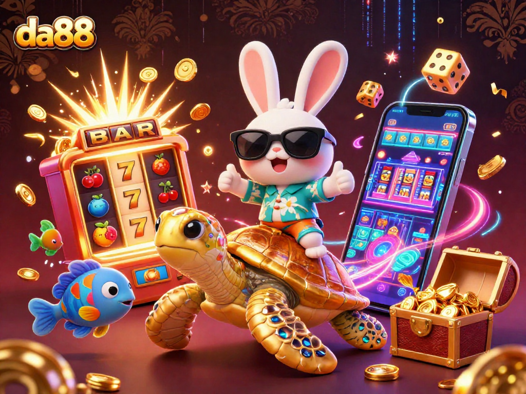 Experience the excitement of da88 casino with vibrant 3D lucky rabbit and golden turtle illustration.