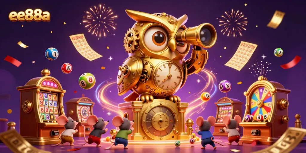 ee88a showcases an exciting 3D casino scene with a golden owl, vibrant slot machines, and lottery balls bouncing.