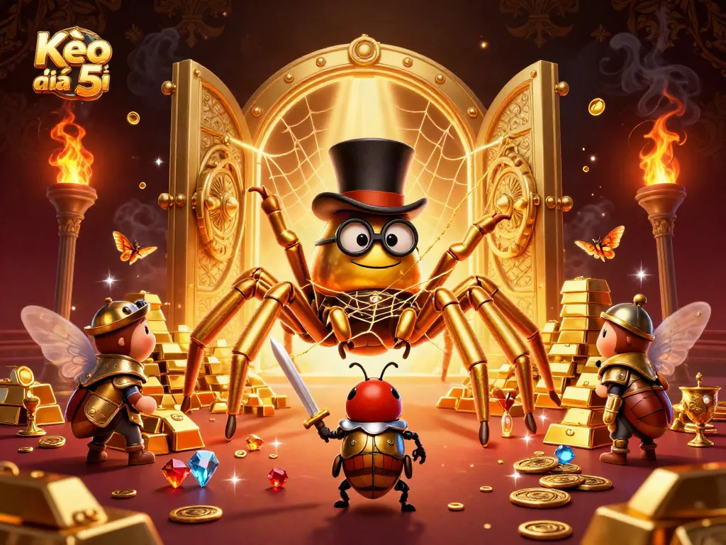 Engage with Kèo nhà cái 5 through a vivid 3D scene showcasing a giant tarantula and a beetle knight amidst casino riches.
