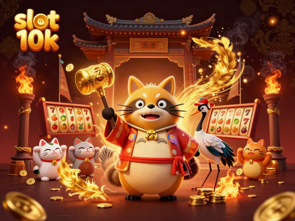 Experience excitement in slot 10k with a joyous tanuki and lucky symbols in a vibrant casino scene.